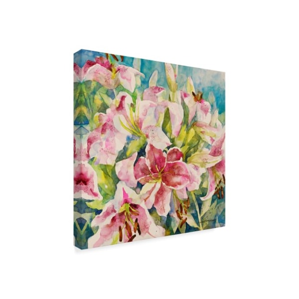 Annelein Beukenkamp 'Pink Lilies On Blue' Canvas Art,14x14